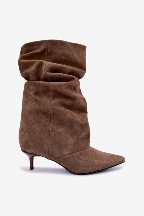 Wsuwane Botki Typu Slouchy Na Obcasie Z Naturalnego Zamszu Khaki Cindrelle