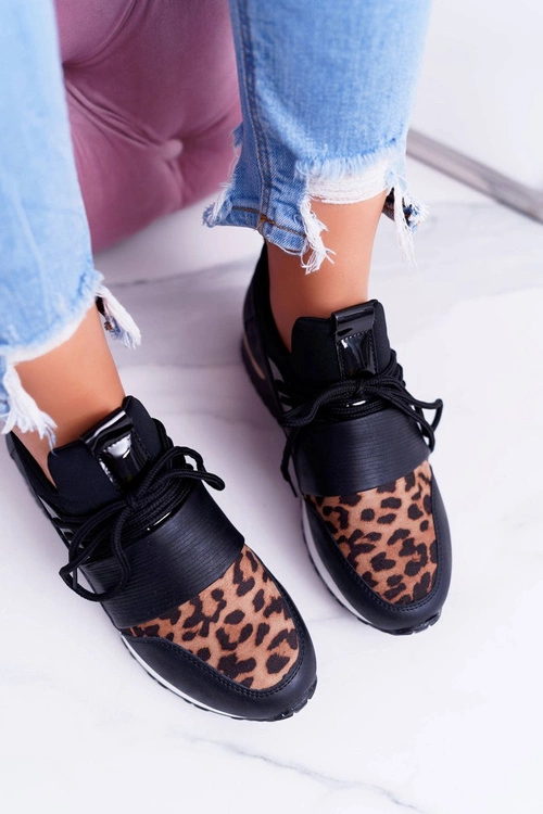 Sportowe Damskie Czarne Buty Leopard Cętki Elanco
