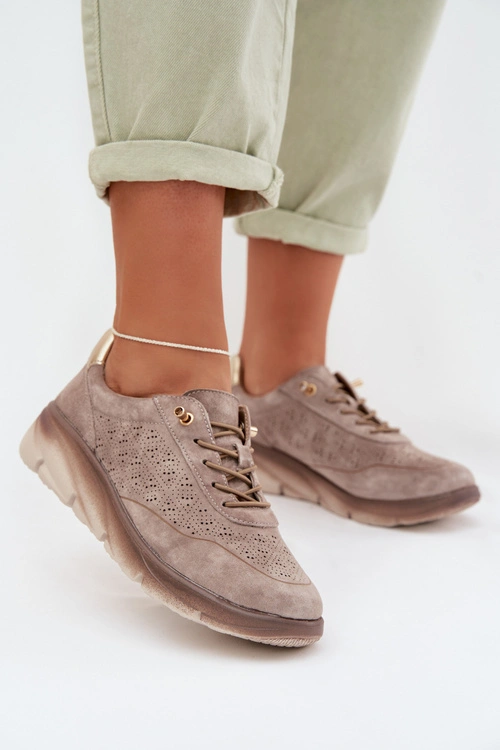 Skórzane Zamszowe Sneakersy Damskie Ażurowe Sergio Leone SP-002 Jasnobrązowe