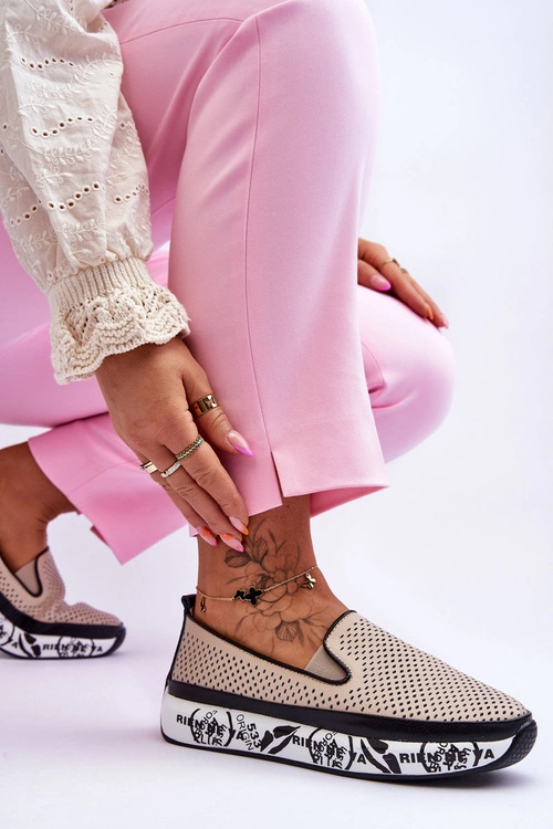 Damskie Ażurowe Skórzane Tenisówki Slip-On Beżowe Sorito