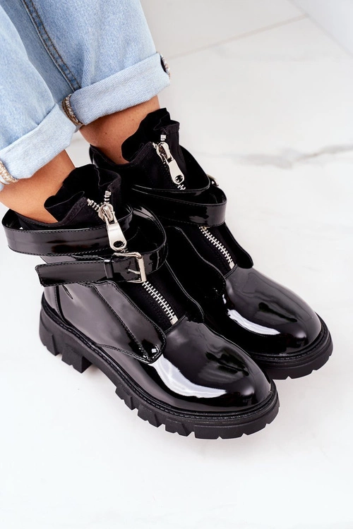 Lakierowane Ocieplane Botki Workery Czarne Not Realy