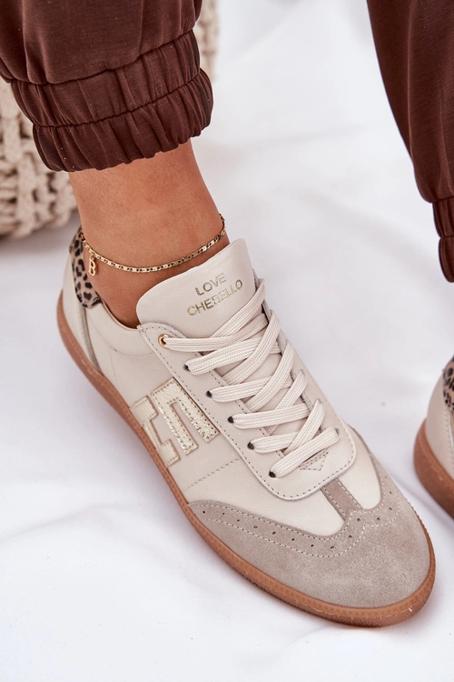 Skórzane Buty Sportowe Sneakersy Damskie Panterka CheBello 4640 Beżowe