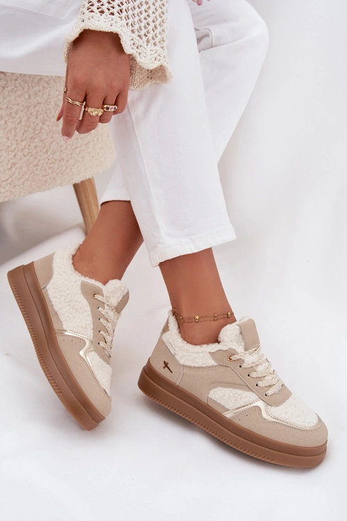 Sneakersy Damskie Na Platformie Z Futerkiem Typu Baranek Beżowe Frelina