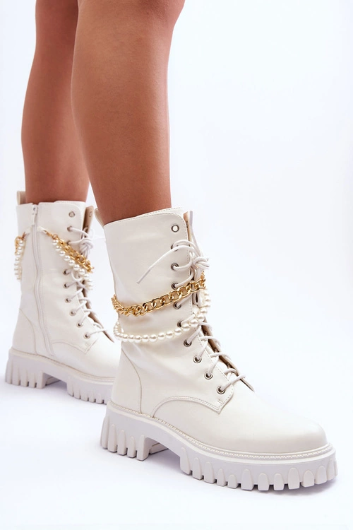 Skórzane Wysokie Workery Z Łańcuszkiem Białe Nameer