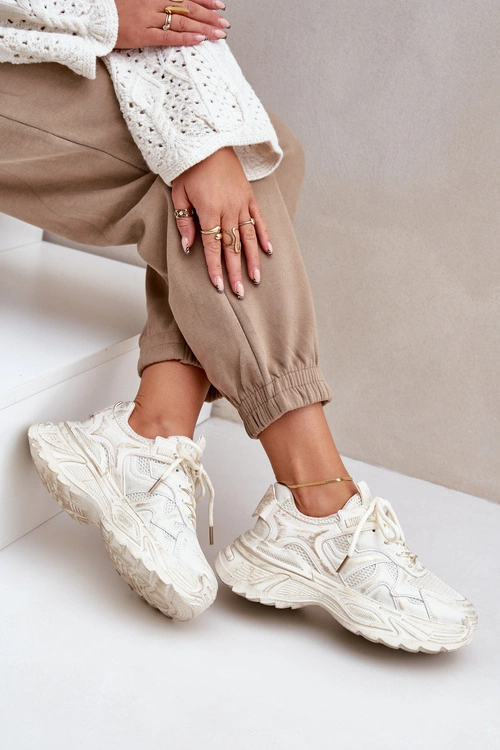 Sneakersy Damskie Z Przetarciami Na Platformie Beżowe Seladwen