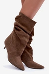 Wsuwane Botki Typu Slouchy Na Obcasie Z Naturalnego Zamszu Khaki Cindrelle