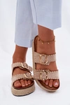 Klapki Damskie Na Platformie Z Plecionką Złote Klamry I Ćwieki Beżowe