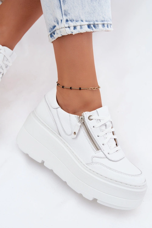 Skórzane Sneakersy Damskie Na Masywnej Platformie Zazoo N1084 Białe