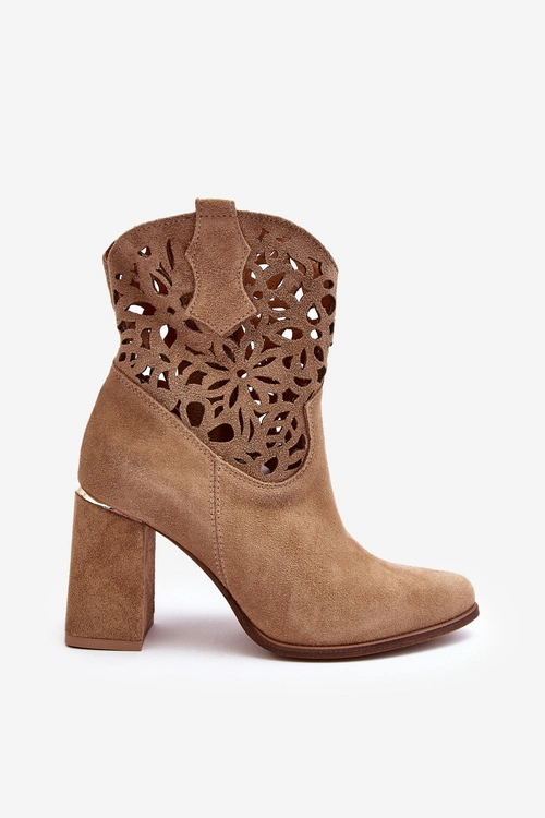 Zamszowe Ażurowe Botki Lewski Shoes 3264 Ciemnobeżowe