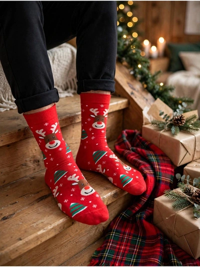 Skarpetki Męskie Świąteczne Uśmiechnięte Renifery Choinki Czerwone