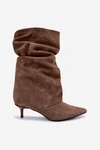 Wsuwane Botki Typu Slouchy Na Obcasie Z Naturalnego Zamszu Khaki Cindrelle