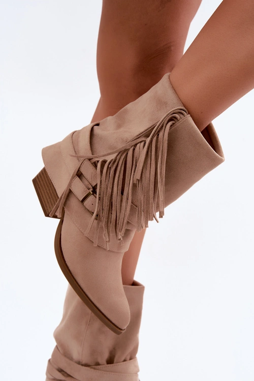 Botki Kowbojki Damskie Obcas Wywinięta Cholewka Frędzle Z Paskami I Klamrami Beżowe Corvella