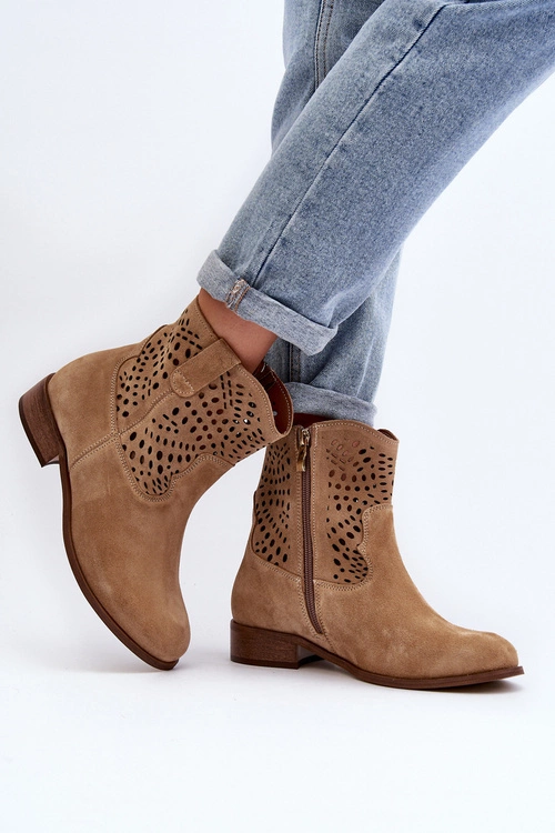 Damskie Ażurowe Botki Lewski Shoes 3305/2 Beżowe