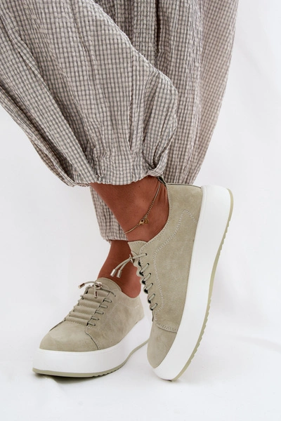 Półbuty Sneakersy Na Platformie Z Naturalnego Zamszu Miętowe Blushy
