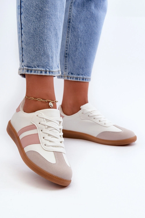 Damskie Niskie Eko Skórzane Sneakersy Biało-Różowe Relialia