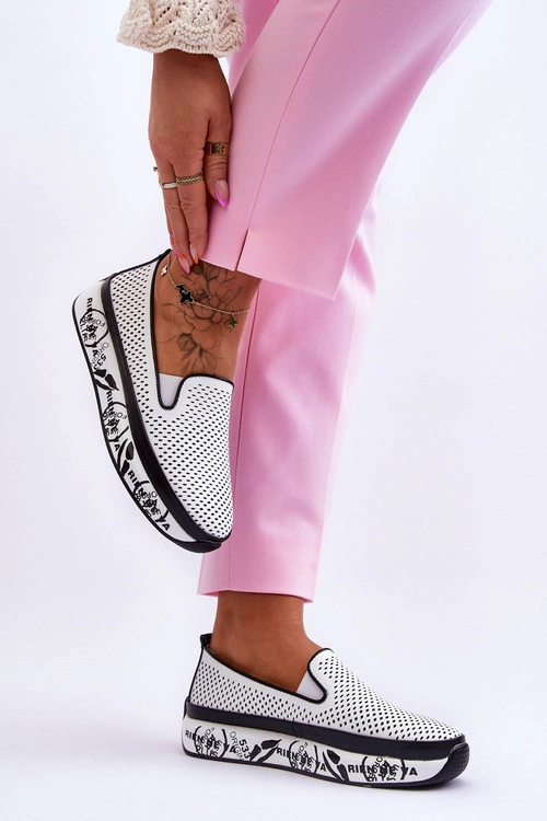 Damskie Ażurowe Skórzane Tenisówki Slip-On Białe Sorito