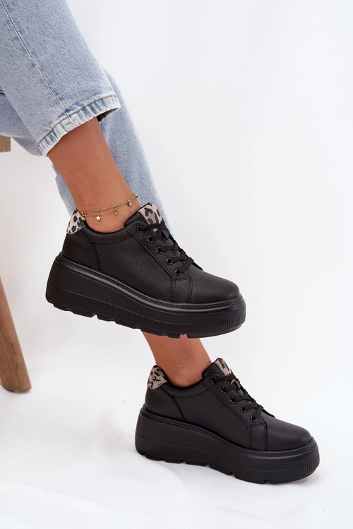 Skórzane Sneakersy Damskie Na Platformie Panterka Vinceza 89144 Czarne