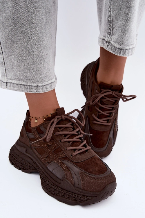Sneakersy Damskie Ze Zdobieniem Czekoladowe Amselle