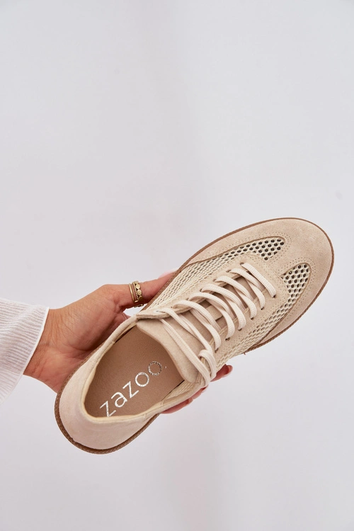 Skórzane Zamszowe Sneakersy Damskie Z Siateczką Zazoo N1142 Beżowe