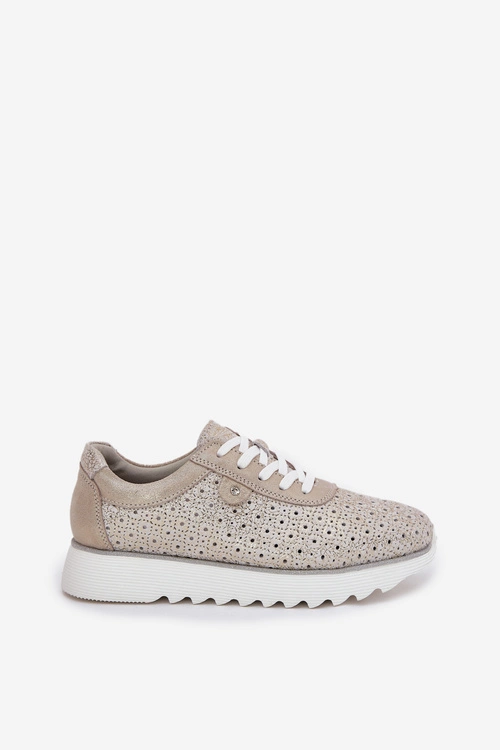 Zamszowe Ażurowe Sneakersy Na Platformie LR51-927 Złote