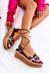 Damskie Wiązane Sandałki Espadryle W Kwiaty Czarne Lamour