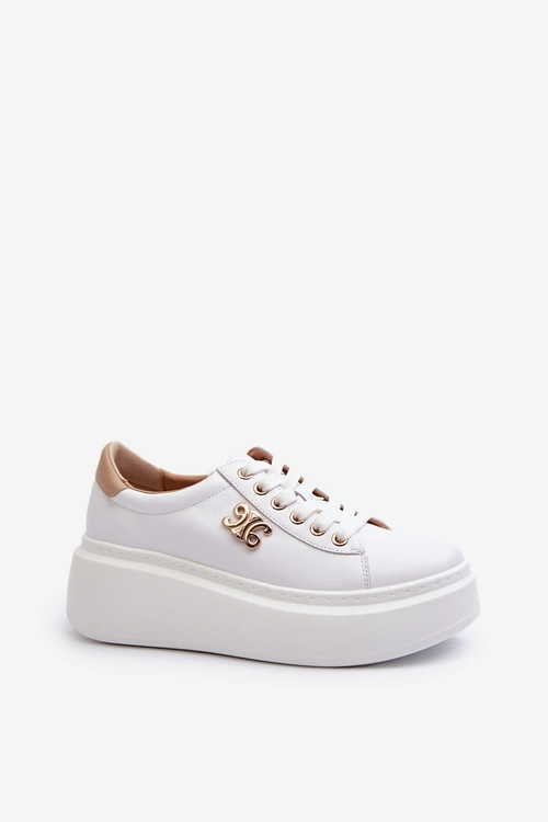 Skórzane Sneakersy Damskie Na Platformie Białe Pernalia