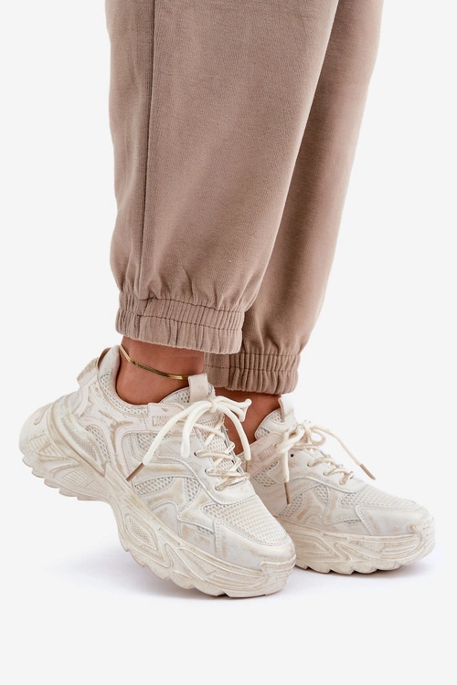 Sneakersy Damskie Z Przetarciami Na Platformie Beżowe Seladwen