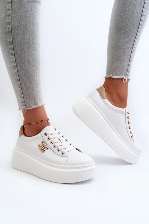 Skórzane Sneakersy Damskie Na Platformie Białe Pernalia