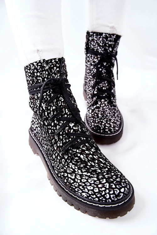 Damskie Botki Glany Workery Maciejka Czarno-Białe 01609-48
