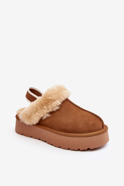 Skórzane Zamszowe Kapcie Damskie Na Platformie Z Futerkiem Camel Sophienne