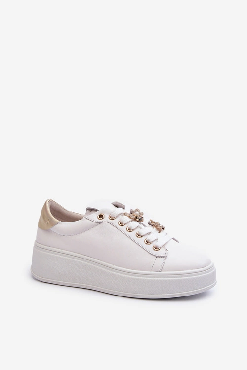 Skórzane Sneakersy Damskie Na Platformie Z Przypinkami D&A SN67 Białe