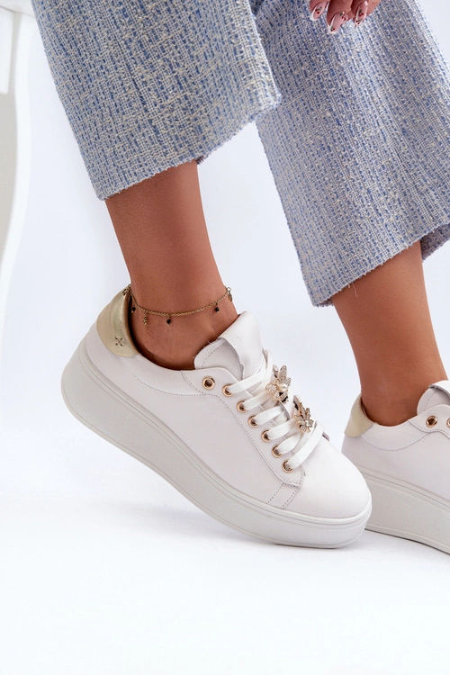 Skórzane Sneakersy Damskie Na Platformie Z Przypinkami D&A SN67 Białe