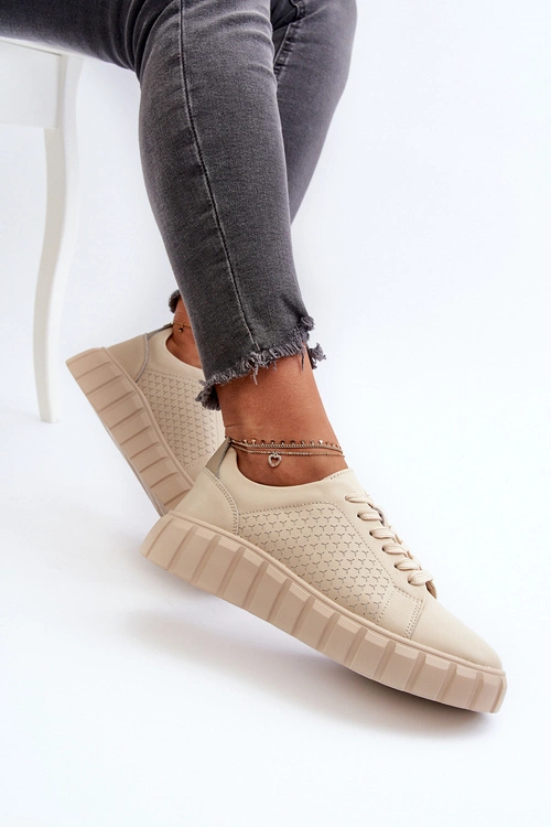Skórzane Sneakersy Damskie Na Platformie Beżowe Eselmarie