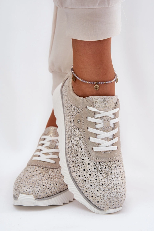 Zamszowe Ażurowe Sneakersy Na Platformie LR51-927 Złote