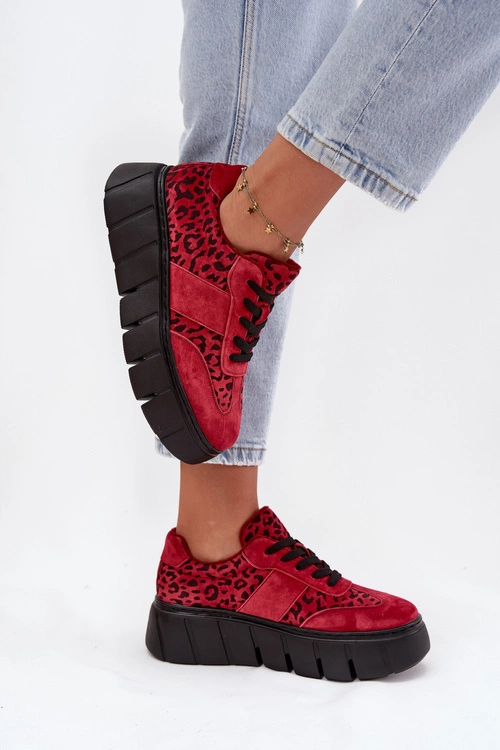 Zamszowe Ocieplane Sneakersy Damskie Na Masywnej Platformie Vinceza 66841 Panterka Czerwone
