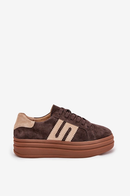 Sneakersy Damskie Na Platformie Z Naturalnego Zamszu Czekoladowe Eldira
