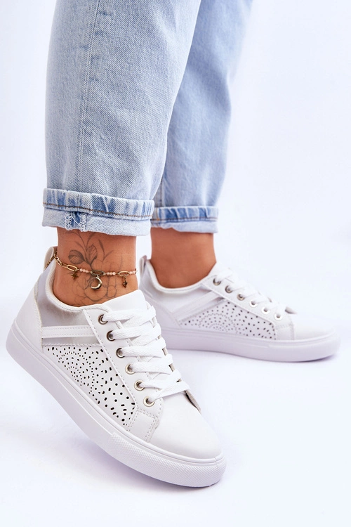 Klasyczne Sportowe Buty Z Ażurowym Wzorem Biało-Srebrne Happier