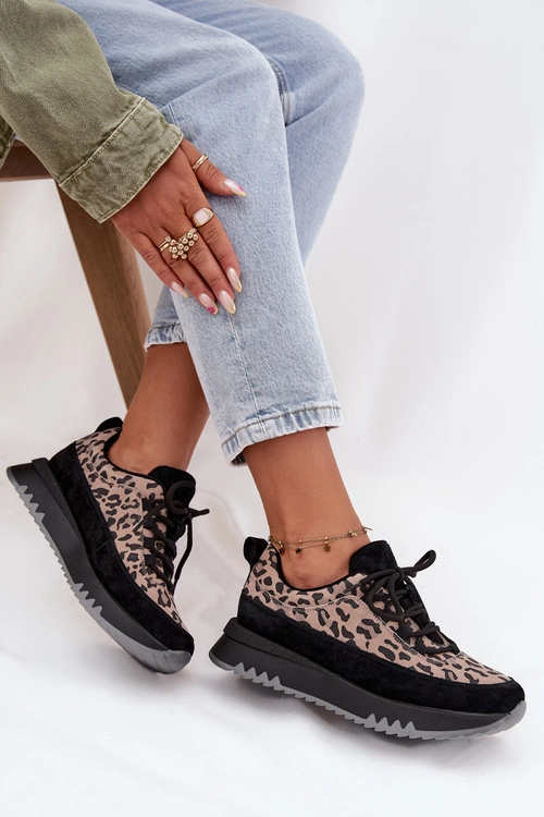 Zamszowe Ocieplane Sneakersy Damskie Na Platformie Vinceza 66836 Panterka Czarne