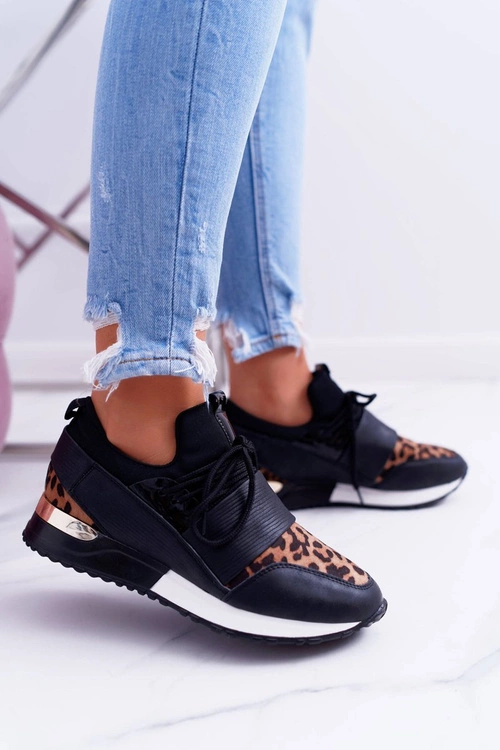 Sportowe Damskie Czarne Buty Leopard Cętki Elanco