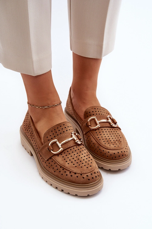 Mokasyny Damskie Ażurowe Z Ozdobą Camel Talesse