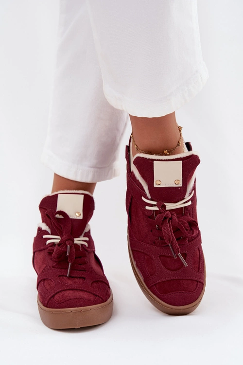 Sneakersy Damskie Na Platformie Ocieplane Futerkiem Bordowe Solvia