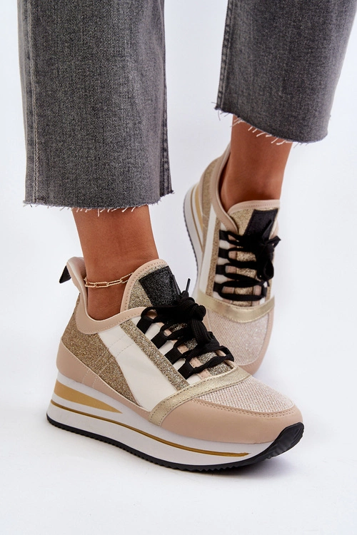 Damskie Sneakersy Na Koturnie I Platformie Z Brokatem Złote Rafani
