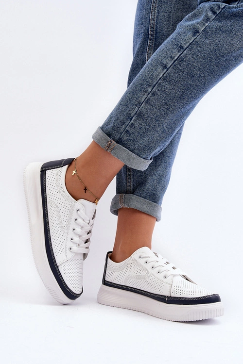 Damskie Skórzane Buty Sportowe Sneakersy Biało-Granatowe Failla