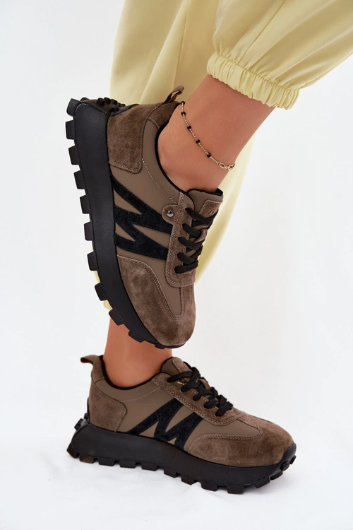 Skórzane Zamszowe Sneakersy Damskie Na Platformie Vinceza 41520 Ciemnozielone