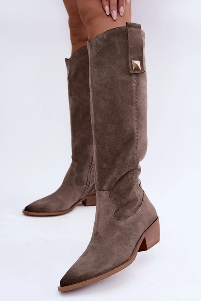 Skórzane Zamszowe Kozaki Kowbojki Ocieplane Zazoo 4224 Taupe