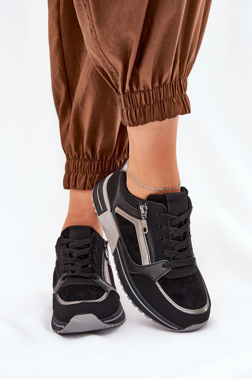 Buty Sportowe Damskie Z Suwakiem Na Platformie Czarne Larys