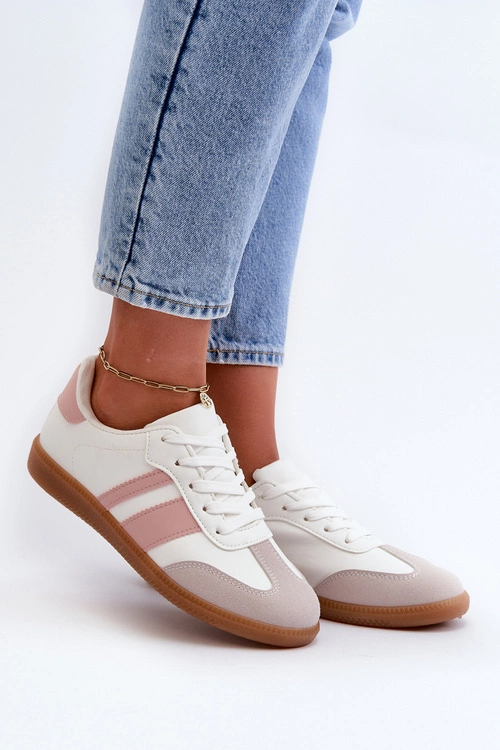 Damskie Niskie Eko Skórzane Sneakersy Biało-Różowe Relialia