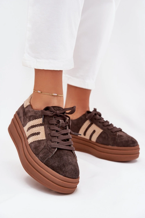 Sneakersy Damskie Na Platformie Z Naturalnego Zamszu Czekoladowe Eldira
