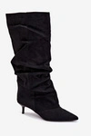 Marszczone Kozaki Kitten Heel Wsuwane Zamszowe Czarne Lowen