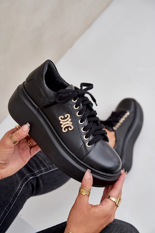 Sneakersy Ze Skóry Naturalnej Na Platformie Złota Ozdoba Lewski 3428 Czarne